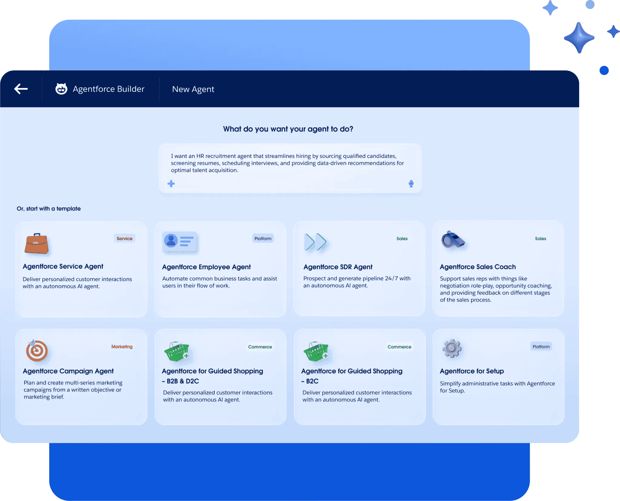 Salesforce Agentforce Builder dashboard showing AI agent configuration.